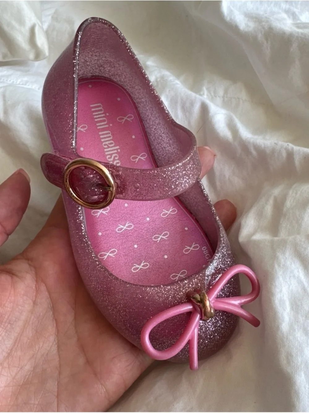 Mini Melissa Glitter Pink Mary Jane with Bow and Gold Buckle
